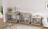 Furniture Style Dog Crate Side Table on Wheels with Double Doors and Lift Top. Grey, 43.7'' W x 30'' D x 31.1'' H.